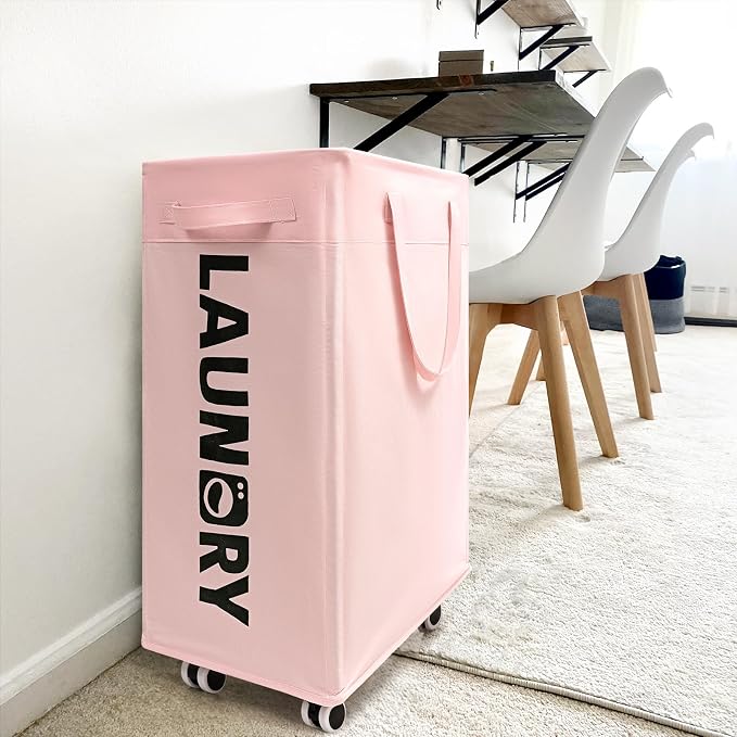 Goodpick 2-Pack Laundry Hamper with Wheels, Dorm Essentials for Girls,75L | Laundry Basket with Wheels, Collapsible Laundry Basket, Rolling Laundry Hamper with Handle for College Dorm,Pink