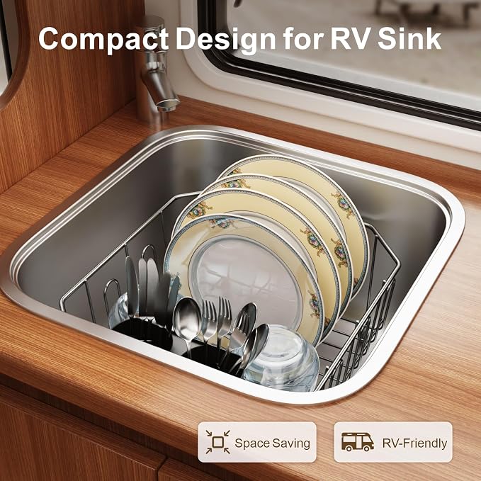 GSlife Small in Sink Dish Drying Rack - Stainless Steel Compact Dish Drainer for RV Kitchen Apartment Sink, Rust Resistant Inside Sink Rack, 1–2 Person Households, 11.6" W x 13.4" L, Gunmetal Grey
