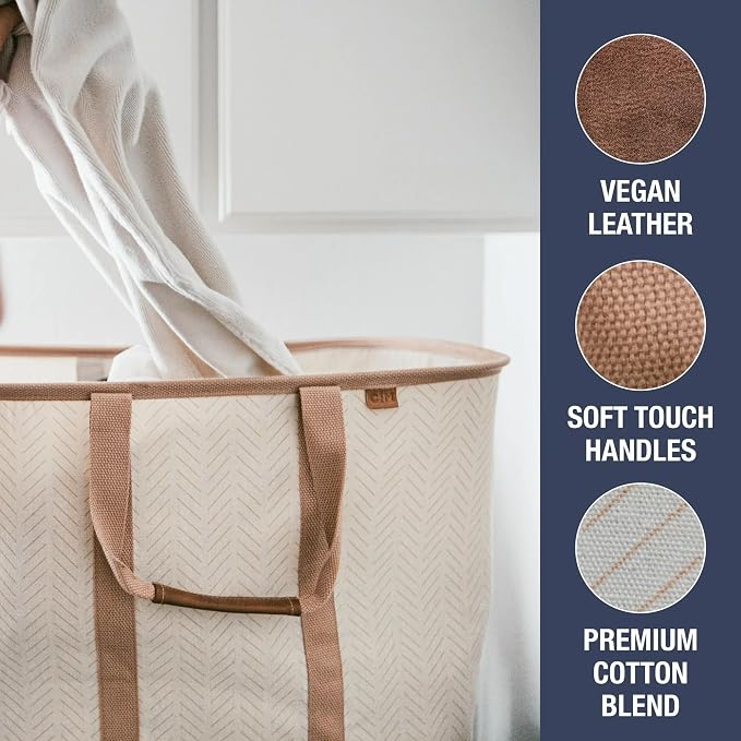 CleverMade LUXE Collapsible Laundry Caddy, 64L, 2 Pack, Cream Herringbone | Refined fabric and vegan leather details suit open rooms. The structured frame carries 2 loads and folds flat for storage.