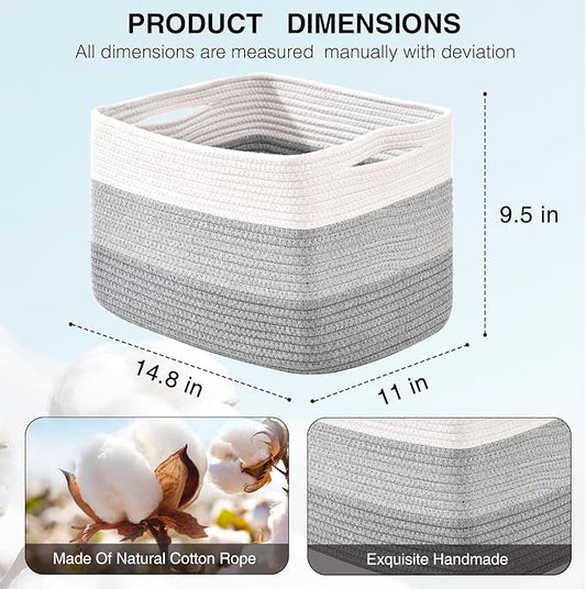 Storage Baskets for Organizing Shelves, Woven Cotton Rope Basket for Storage, Dog Toy Baskets Storage Kids, Book Bins for Living Room Bedroom, 14.8"×11"×9.5", Pack of 3, Gradient Grey