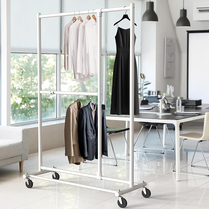Simple Houseware Dual Bar Adjustable Clothing Garment Rack, 72" H, White | Extendable Middle Bar from 23" to 42.75 Inches Width