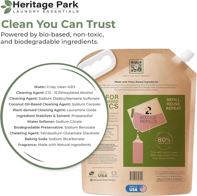 Heritage Park Silk & Wool Delicates Detergent - Spring Magnolia - Refill | EWG Verified & EPA Safer Choice - Enzyme-Free Liquid Detergent - Hypoallergenic, Dermatologist Tested, Gentle on Silk & Wool