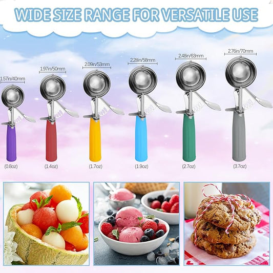 Hsei 6 Pcs Ice Cream Scoops Stainless Steel Cookie Portion Scoop with Handle for Baking Food Cookie Dough Cupcake Batter (Multi Color,40mm to 70mm)
