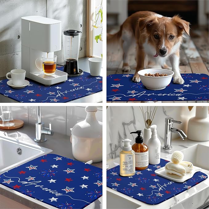 4th of July Dish Drying Mat America Stars Fireworks Blue Drying Mat 18x24 Inch Patriotic Memorial Independence Day Microfiber Absorbent Dish Drainer Rack Mats for Kitchen Counter