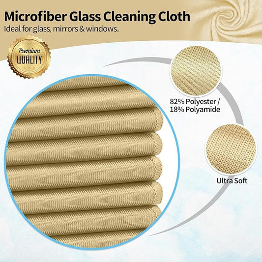 Microfiber Cleaning Cloth - 6 Pack Glasses Cleaning Cloth, 16" x 14" Window Cleaning Rags, Streak Free Lint Free Polishing Cloths Wipes for Eye Glass, Stainless Steel, Windshield, Beige