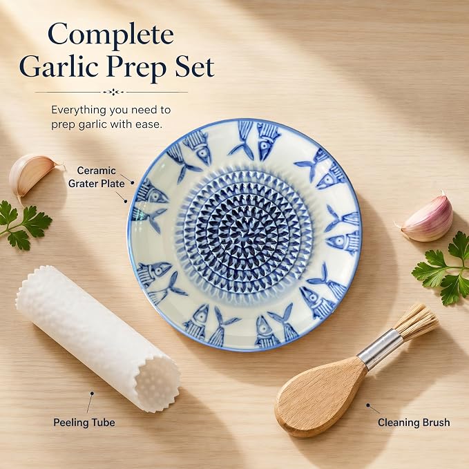 Handcrafted Ceramic Garlic Grater Plate 4-Pc Set, 4.72" Handmade Porcelain Grinding Dish with Wooden Boar Bristle Brush & Textured Silicone Peeler, Ocean Blue Hand-Painted Fish