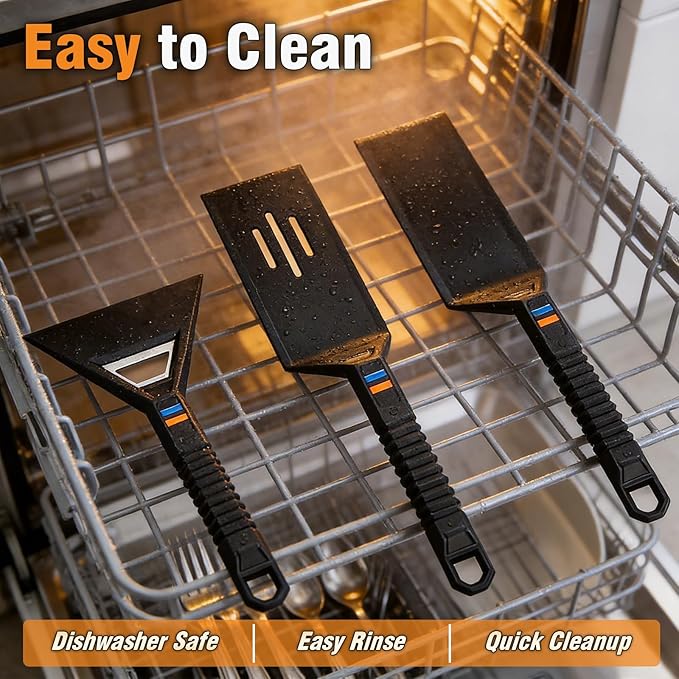 Utheer Griddle Tool Kit 5-Piece, Silicone Griddle Accessories with Stainless Steel Core, Nonstick Safe Flat Top Grill Tools Set with Spatulas, Scraper, Cleaning Brush with Replaceable Head