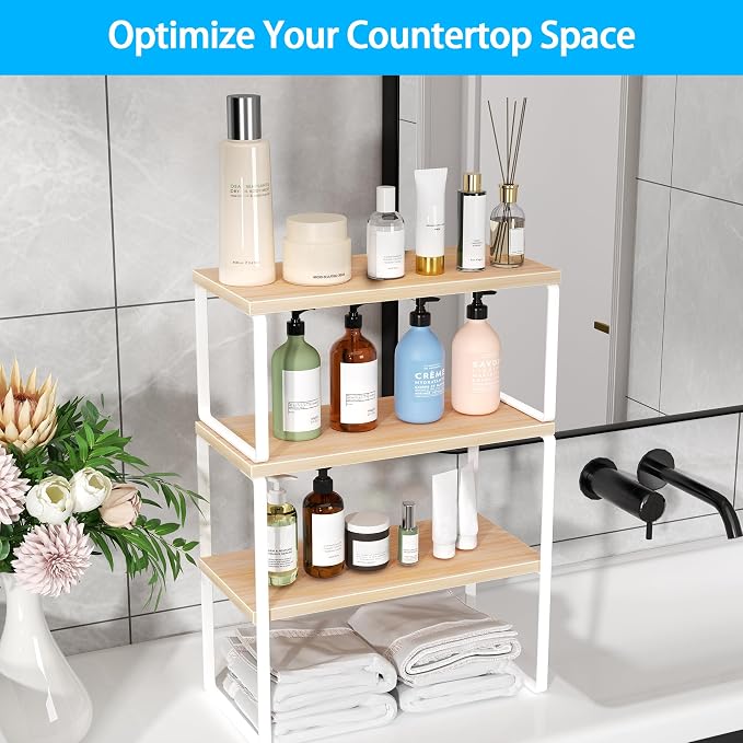 Golener Kitchen Counter Organizer, Countertop Shelf, Adjustable, Stackable | Kitchen Countertop Organizer, Spice Rack, 2-Tier Countertop Shelves, Corner Desk Shelf, Corner Counter Shelf, Natural Beige