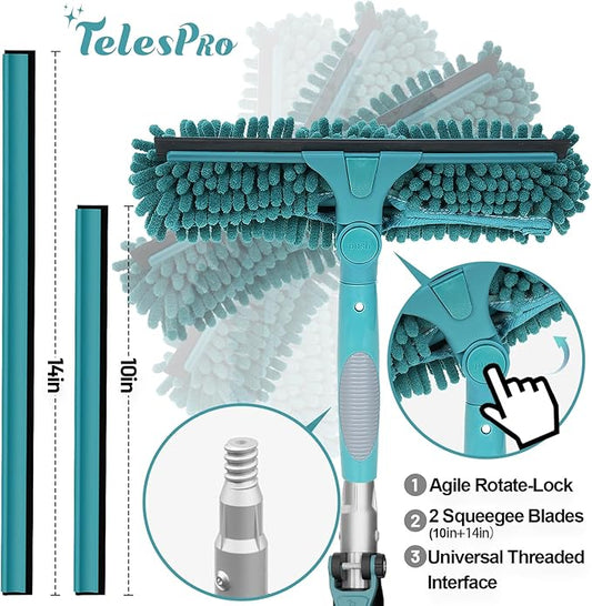 TelesPro 30 Feet High Reach Window Squeegee with 6-24 Ft Extension Pole, Window Cleaner Tool with 5-Stage Telescoping Pole, Window Cleaning Kit with Rotatable Head (2 Squeegee & 2 Microfibre Cloths)