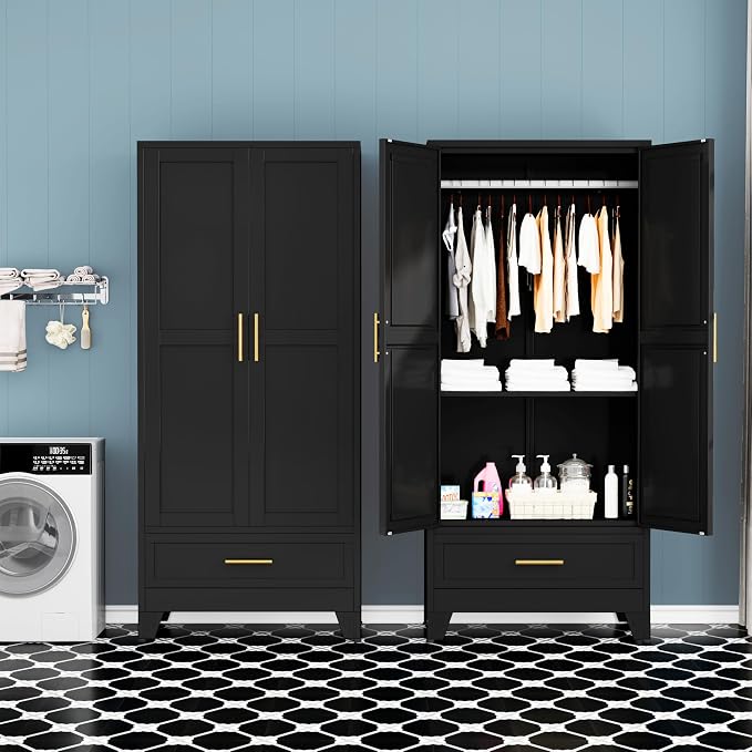 GAIOUS Metal Armoire Wardrobe Closet Cabinet with 2 Doors and Drawer, 71" | Household Wardrobe Cabinet with Hanging Rod, Clothing Storage Cabinet with Adjustable Shelf for Bedroom Cloak Room Gym Black