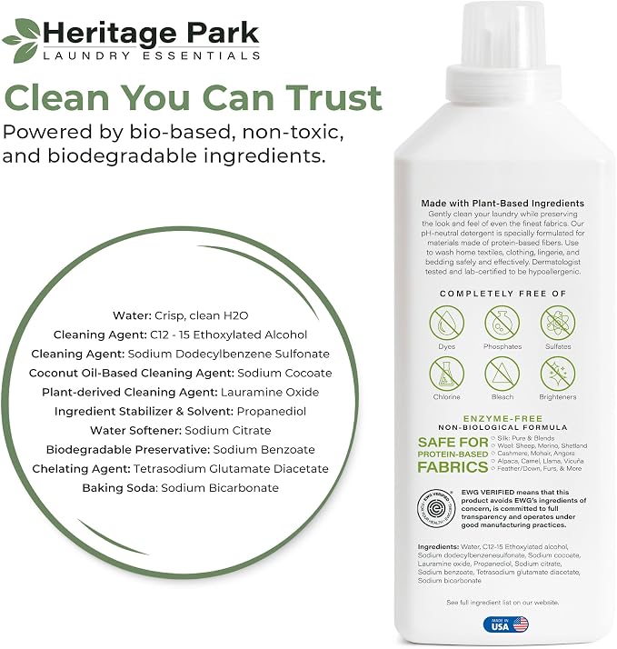 Heritage Park Silk & Wool Delicates Detergent - Fragrance Free - 32 fl oz | EWG Verified & EPA Safer Choice - Enzyme-Free Liquid Detergent - Hypoallergenic, Dermatologist Tested, Gentle on Silk & Wool