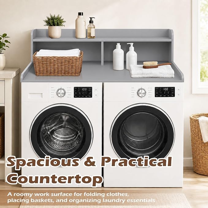 Royxen Laundry Countertop with 2-Tier Shelf Universal Fit, Washer and Dryer Countertop with Storage Space, Shelf Height 11.5 Inches, Solid Wood Core, Grey