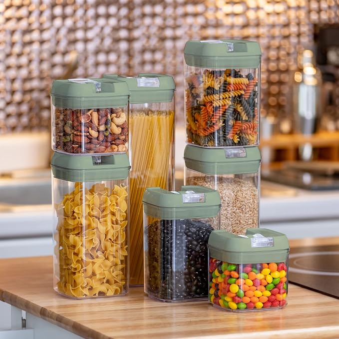 Set of 7 Airtight Food Storage Containers - Pantry Organizer Bins, BPA Free Plastic Containers plus Dry Erase Marker and Labels, Olive Green