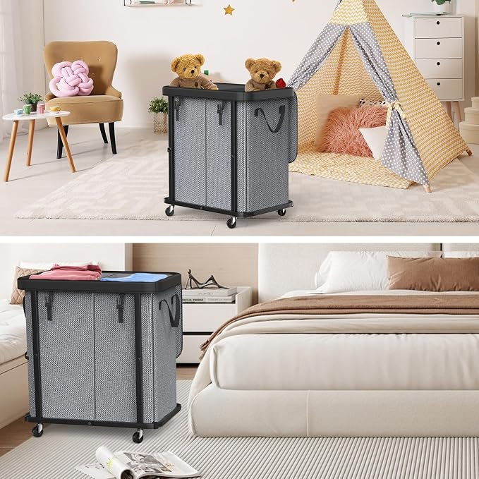 Laundry Basket with Wheels,190L (50 Gal) Laundry Hamper 2 Setion - Gray | Leather Patchwork,Sturdy Metal Frame, Removable Washable Bag, Tall Clothes Sorter for Bedroom