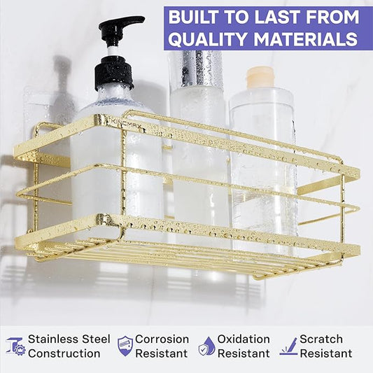 KINCMAX Premium Shower Caddy - 2-Pack Adhesive Organizer - No Drill Bathroom Shelves - Rustproof Stainless Steel for Inside Shower Shampoo Holder Storage Rack - Gold