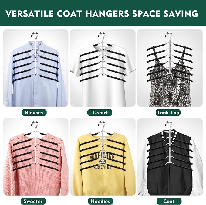DOIOWN Space Saving 6 Tier Coat Hangers - Non Slip Foam Padded, Black Metal Sweater & T Shirt Hangers for Men & Women, 2 Pack Closet Organizers