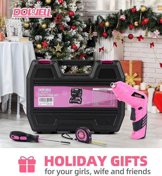 DOWELL 116Pcs Pink Tool Kit, Tool Set with 3.6V USB Cordless Screwdriver | Small Drill Set for Women, Girls