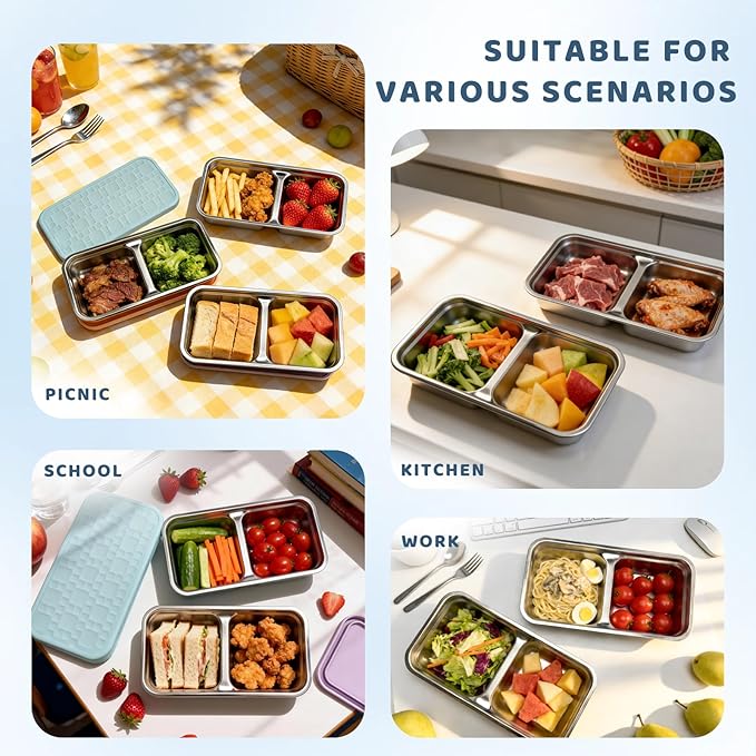 3 Pack Stainless Steel Snack Containers for Kids, Reusable Snack Containers with Silicone Lids, 2 Compartment Toddler Snack Containers for Daycare, School Lunch and Travel, 15 oz
