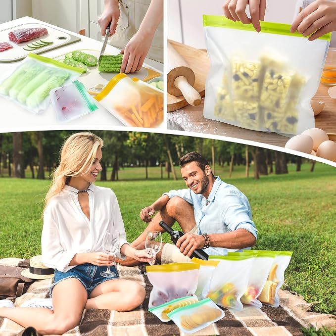 12 Pack Food Storage Containers Silicone Bags-6 Gallon Freezer 3 Sandwich 3 Reusable Snack Bags, Leakproof Silicone Bags for Fruit Storage
