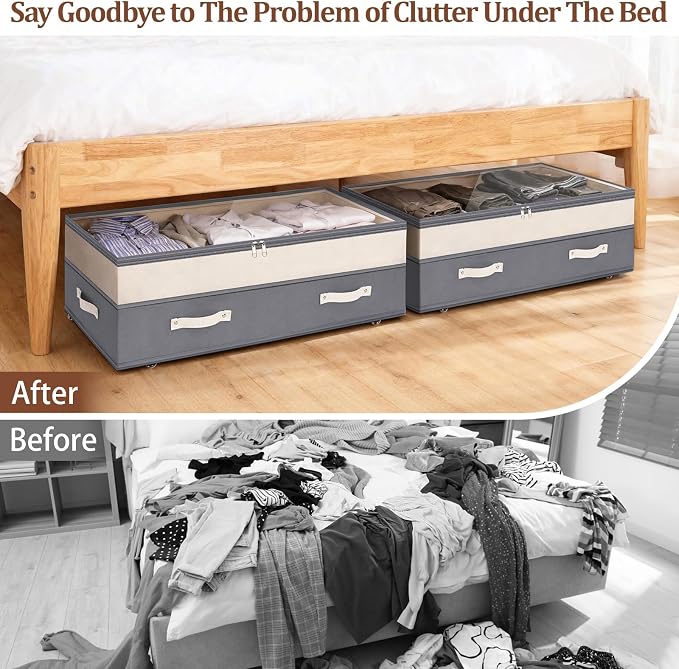 Dolicer 2 Pack Under Bed Storage with Wheels, 6in-10in Height Adjustable Underbed Storage Containers, 92L XXXL Under Bed Drawers Rolling Bin with Clear Lids for Dorm Shoes Clothes Organizer(Dark Grey)
