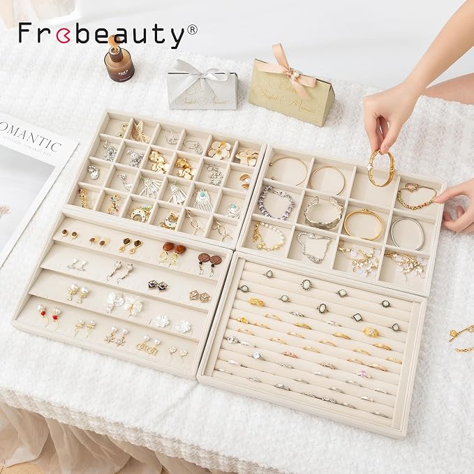 Frebeauty Jewelry Trays for Drawer,Set of 4 Jewelry Organizer and Storage | Velvet Material,Stackable,Adjustable Dividers,Drawer Inserts for Rings Studs Bracelet,Earring Organizer for Women Girls