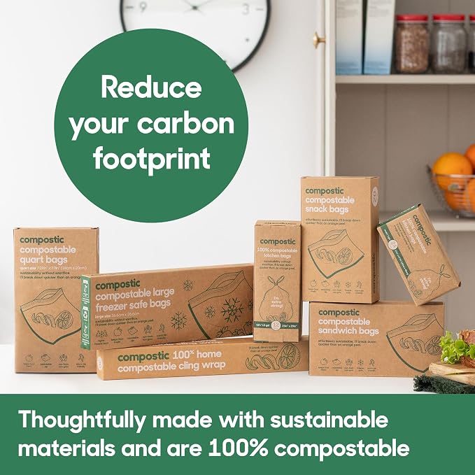 Compostic Compostable Snack Bags, Snack Size (90 + 10 Count) Everyday Essential — Resealable Zip-Seal, Plant-Based, Home Compostable, Freezer Safe, BPA-Free, Non-Toxic, GMO-Free Food Storage Bags