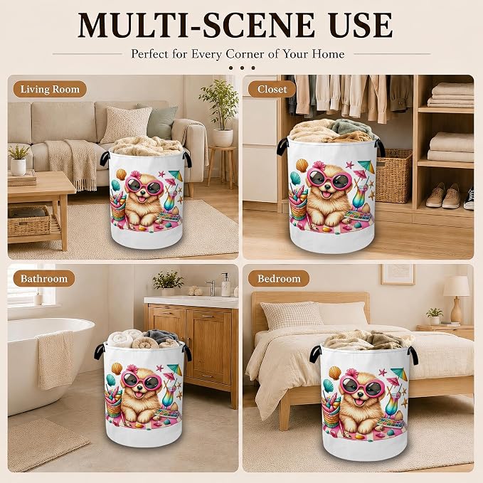Beach Puppy Summer Vacation Collapsible Laundry Hamper for Bedroom, Freestanding Oxford Clothes Basket, Large Foldable Storage Bin with Easy-Carry Handles for Bathroom Dorm Laundry Room