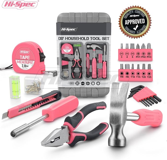 Hi-Spec Tool Set 25pc Pink Household DIY Tool Kit for Women. Small Mini Tool Box Set of Starter Basic Ladies Tools | 25pc, Household quick repair and maintenance, starter tool kit, mini tool set, ladies portable toolbox, DIY Gift