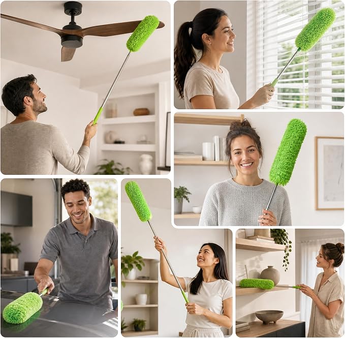 GÜTEWERK Extendable Microfiber Duster, 55 Inch - Feather Dusters for Cleaning Ceiling Fans, Blinds, Baseboards & High Ceilings - Washable, Electrostatic, 360° Bendable Head, Stainless Steel Pole
