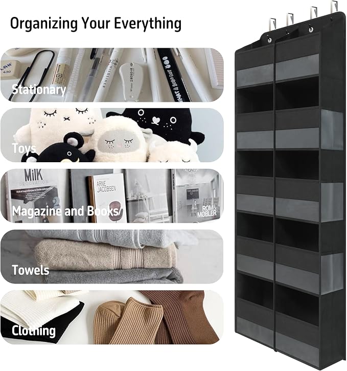 Giraffe Creation Black Over Door Organizer with 10 Large Clear Pockets, Double-Row Hanging Door Storage for Closet, Bathroom, Nursery, Bedroom, Dorm, Toys, Cosmetics, Baby Essentials