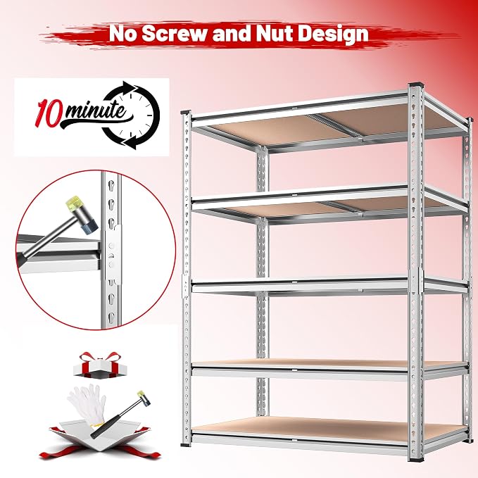 REIBII 2020LBS Garage Shelving Heavy Duty Metal Shelving 5 Tier Storage Shelves, Metal Shelves for Basement, Warehouse, Pantry, Closet, Kitchen, 72" H x 36" W x 16" D, Galvanized, 3 Pack