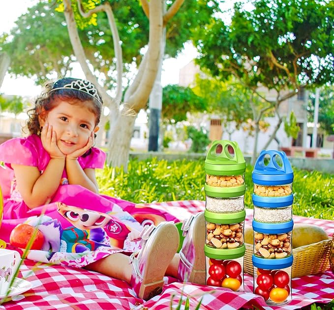 SELEWARE Stackable Snack Containers for Kids Toddlers Adults, Blue & Green | Portable Food Storage Containers for Snacks Formula Powder Drinks and Travel, Twist Lock System Airtight Leak-proof BPA Free