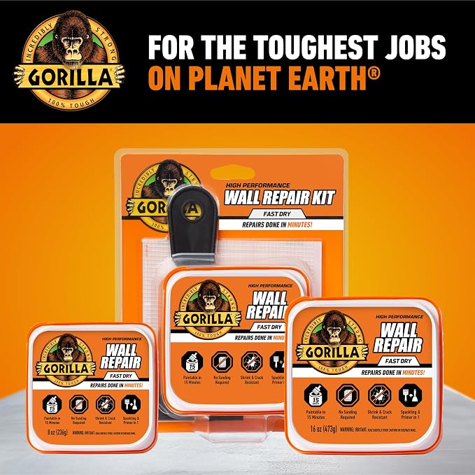 GORILLA Wall Repair Kit, Heavy Duty Spackling, 8 fl oz Tub, 4 in Patch | Includes 3 in Putty Knife, Sanding Block, Lightweight Drywall Filler, Strong Repairs for Walls and Ceilings