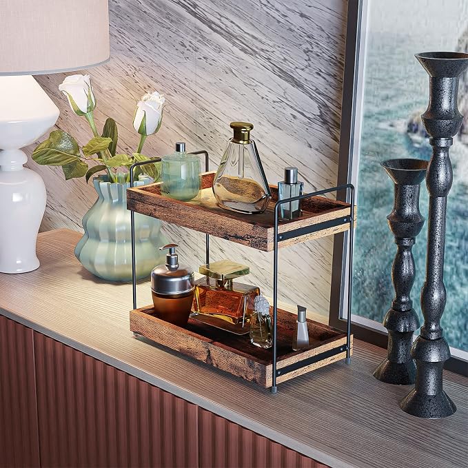 2-Tier Wood Bathroom Counter Organizer, Kitchen Spice Rack | Multi-Use Storage Shelf, Holds Toiletries, Cosmetics, Perfume And Seasoning, Fits Vanity And Countertops