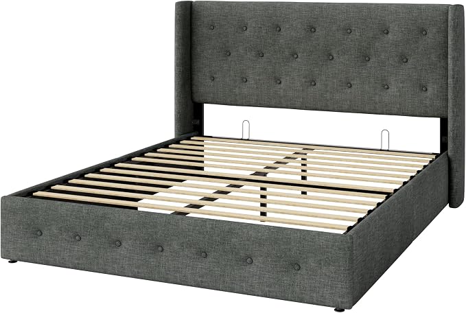 Allewie Queen Size Lift Up Storage Button-Tufted Bed Frame Dark Grey | Modern Wingback Headboard, Hydraulic Support Storage, No Box Spring Needed