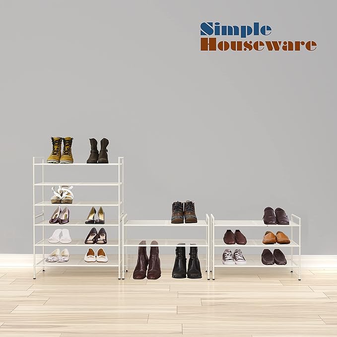 Simple Houseware 3-Tier Stackable Mesh Shoe Rack, White | 9 Pairs of Shoes Storage Organizer for Closet, Entryway, Garage & Corridor