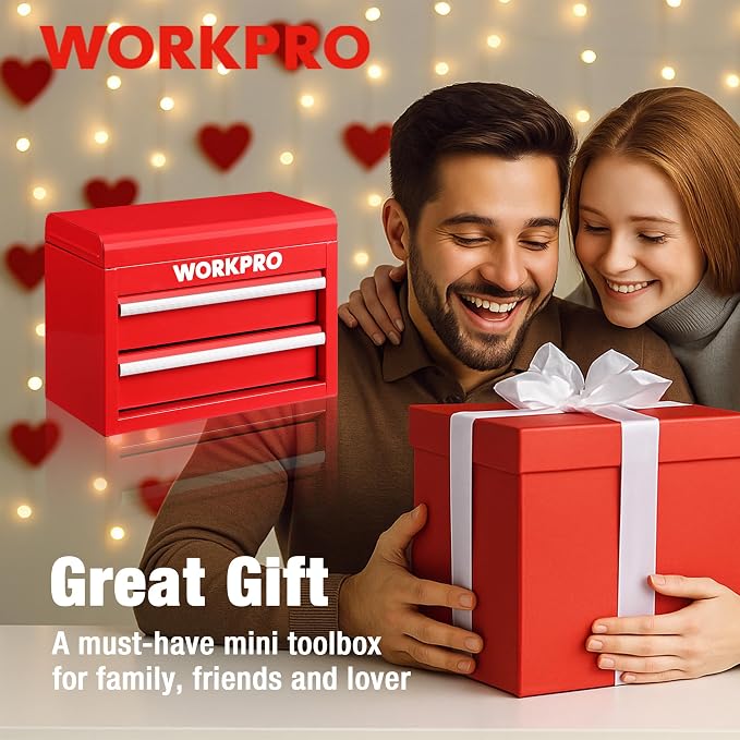 WORKPRO Metal Mini Tool Box with 2 Drawers and Top Storage | Cold Rolled Steel Toolbox, Ball Bearing Slides, PVC Drawer Liners, PP Feet Pads, Durable Storage