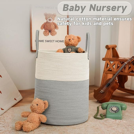 JMvicyroam Large Woven Laundry Basket Hamper,100L Cotton Rope Storage Bin for Blankets,Toys and Clothes,Decorative Tall Nursery Hamper for Living Room,Baby Nursery,Bathroom and Bedroom,White and Grey