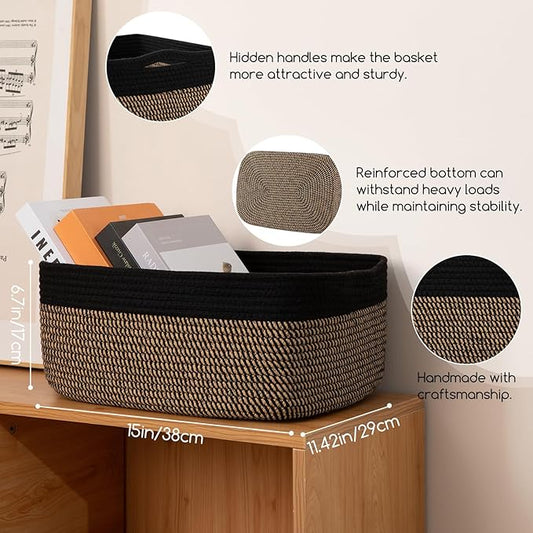 OIASKET Storage Baskets for Organizing 3 Pack, Woven Baskets for Shelves, Closet Organizer Bins Empty Gift Basket Toy Storage for Toys, Books, Towels, Clothes, 15"x11.42"x6.7", Black & Yellow