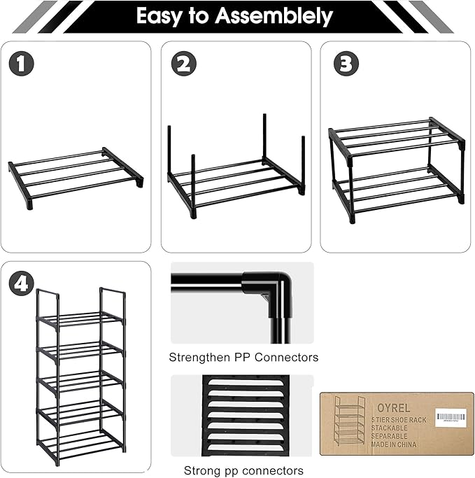 OYREL Shoe Rack, Sturdy Metal 5 Tier Narrow Shoes Organizer | Closets, Small Space, Entryway, Garage, Door Entrance, Thin Shoe Shelf, Free Standing Shoes Holder
