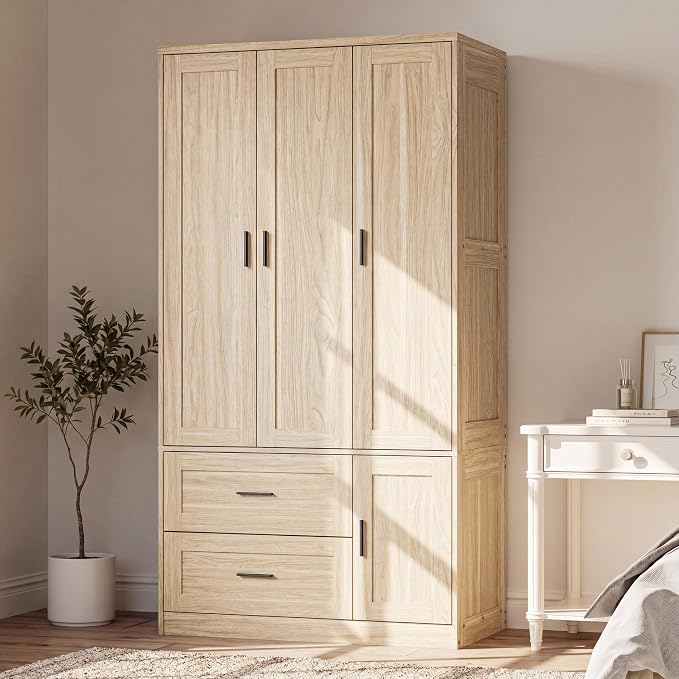 ANCTOR 70.6 Inch Armoire Wardrobe Closet with Drawers (Light Oak) | Hanging Rod, Drawers, Adjustable Cube Shelves, Closed Cabinet Organizer, Modern Bedroom Clothes Cabinet