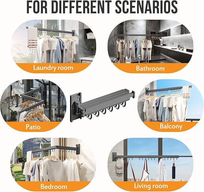 LIENAHU Grey Wall Mounted Clothes Drying Rack, Stainless Steel, Space Saving, Holds Up to 220 Pounds, Ideal for Clothing