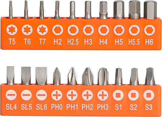 Bates- Low Profile Right Angle Screwdriver with Drill Bits Set, 21 pcs, 1/4" Mini Ratchet Screwdriver with Torx, Hex, Phillips, Flat and Square Bits for Tight Spaces