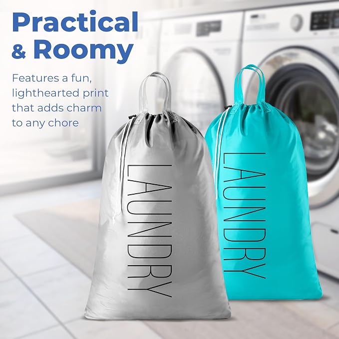 Handy Laundry Extra Large Travel Laundry Bags 2-Pack – 24 x 36 Inches Heavy Duty Water-Resistant Dirty Clothes Bags for Travel, Camping, Dorm, Family – Sturdy Drawstring Closure, Teal-Grey Print