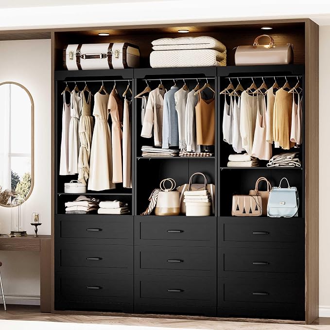 IRONCK Freestanding Closet System with 3 Wood Drawers, Modern Armoire Wardrobe with Adjustable Shelves & Hanging Rod, Walk-in Closet Systems Organizer for Small Closet, Black