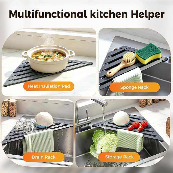 Sink Corner Drying Rack - Foldable Triangular Sink Sponge Holder, Dish Drying Rack Over the Sink, Kitchen Sink Accessories (Grey, 19.69" x 12.2")