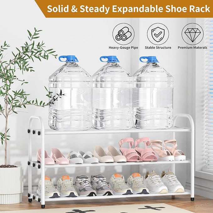 Hleelomi 3-Tier Expandable Shoe Rack for Entryway,Adjustable Metal Shoe Organizer for Closet,Living Room,Dorm, White