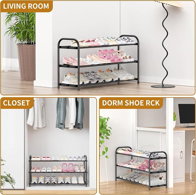 Hleelomi 3-Tier Expandable Shoe Rack for Entryway,Adjustable Metal Shoe Organizer for Closet,Living Room,Dorm,Black