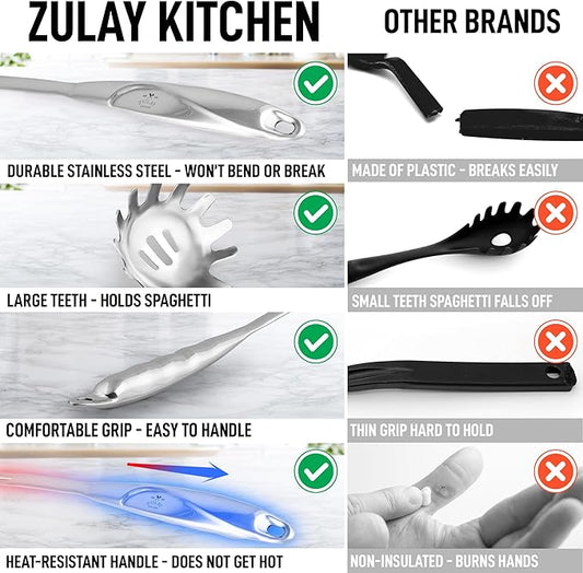 Zulay Kitchen Stainless Steel Spaghetti Spoon - 12” Pasta Spoon with Teeth & Draining Holes - Rust-Resistant Pasta Fork for Noodles & Pasta - Dishwasher Safe Utensil for Everyday Use