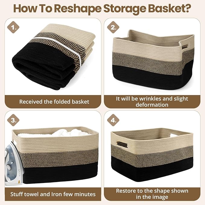 Optish 95L Large Blanket Basket, Woven Storage Baskets with Reinforced Handles, Rope Laundry Basket for Living Room, Bedroom, Nursery, Toys, Clothes,Pillows, 24” x 17” x 13.5”, Black & Brown